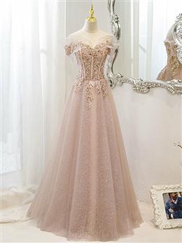 Picture of Pink Off Shoulder Shiny Tulle with Beaded and Lace Prom Dresses, Pink Formal Dress